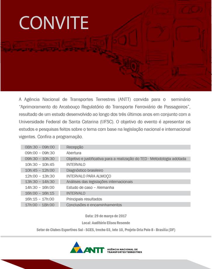 Convite para o seminário "Aprimoramento do Aracabouço Regulatório do Transporte Ferroviário de Passageiros"